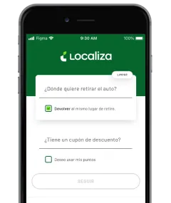 Smartphone na tela inicial do app Localiza