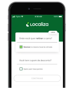 Smartphone na tela inicial do app Localiza