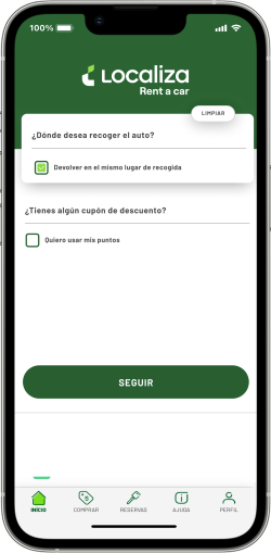 Smartphone na tela inicial do app Localiza