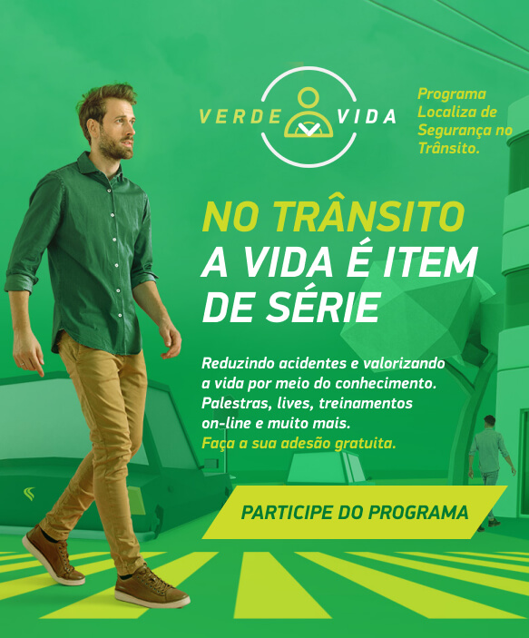 No trânsito a vide é item de série. Reduzindo acidentes e valorizando a vida por meio do conhecimento. Palestras, lives, treinamentos on-line e muito mais. Faça a sua adesão gratuita. Verde Vida - Programa Localiza de Segurança no Trânsito. Participe do programa.